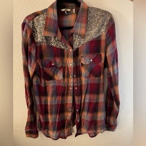 Sequin plaid button up shirt women’s large
